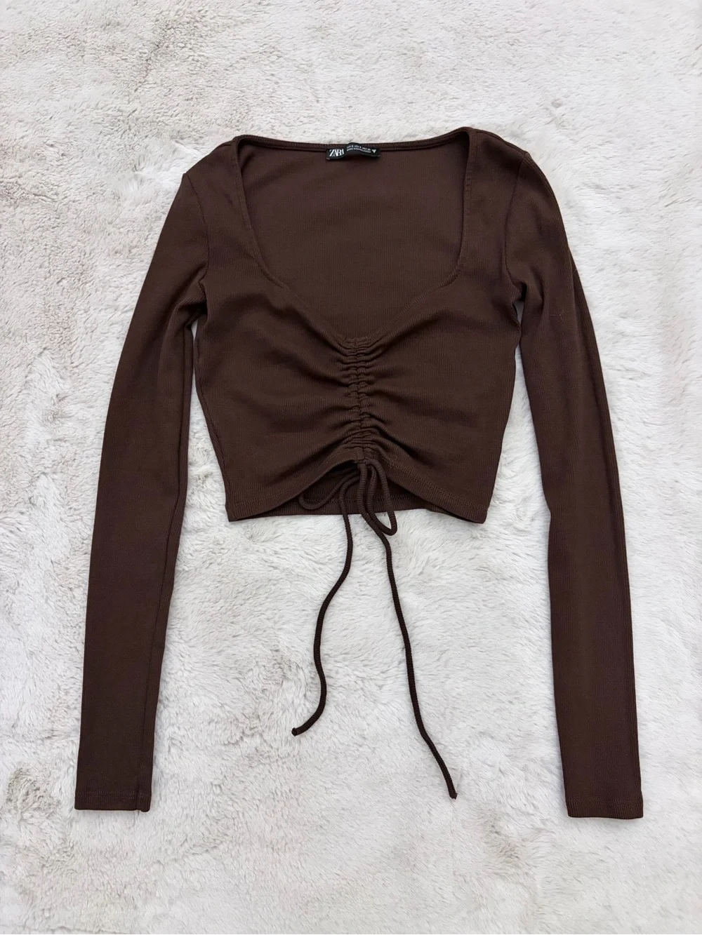 Zara Espresso Brown Ribbed Ruched Drawstring Crop Top Size S